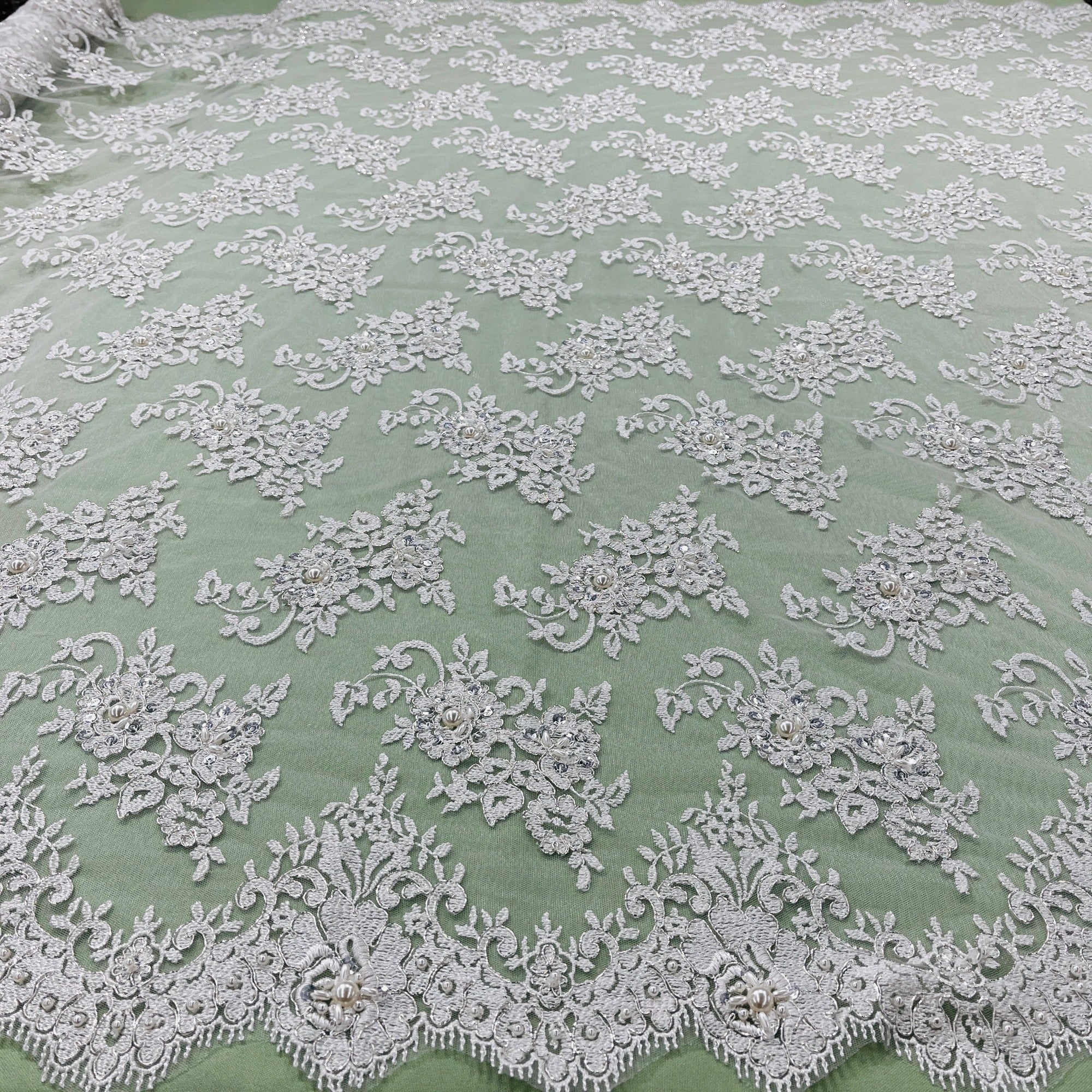Beaded Lace Fabric Embroidered on 100% Polyester Net Mesh | Lace USA - 96682W-BP