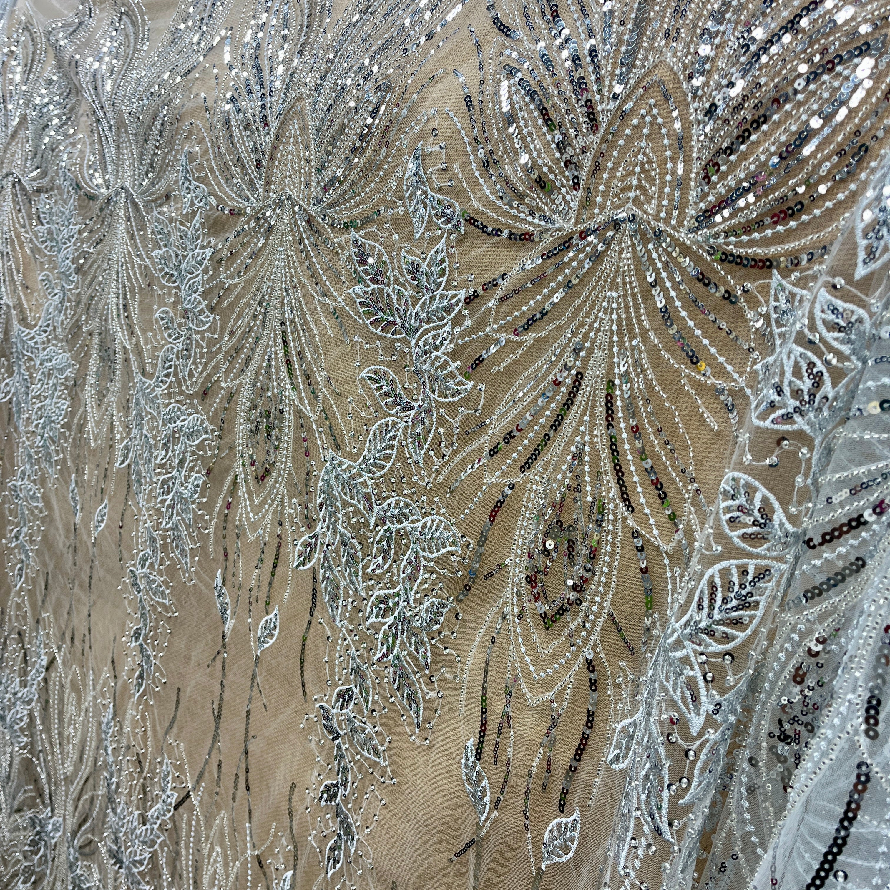 Beaded & Sequined Lace Fabric – Leaf & Vine Design | Lace USA - GD-2918