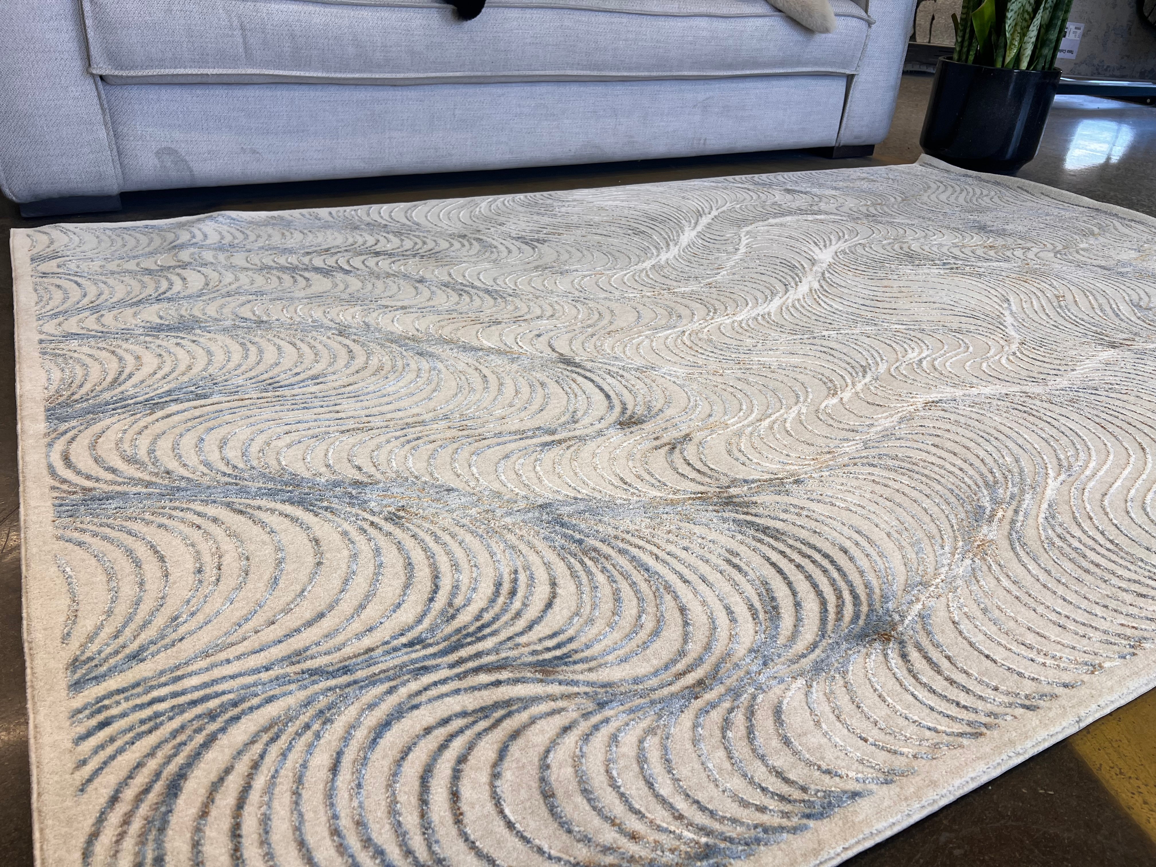 Modern Cream Rug with Blue, Gold-Brown & Silver Viscose Swirl Accents - KAI 304