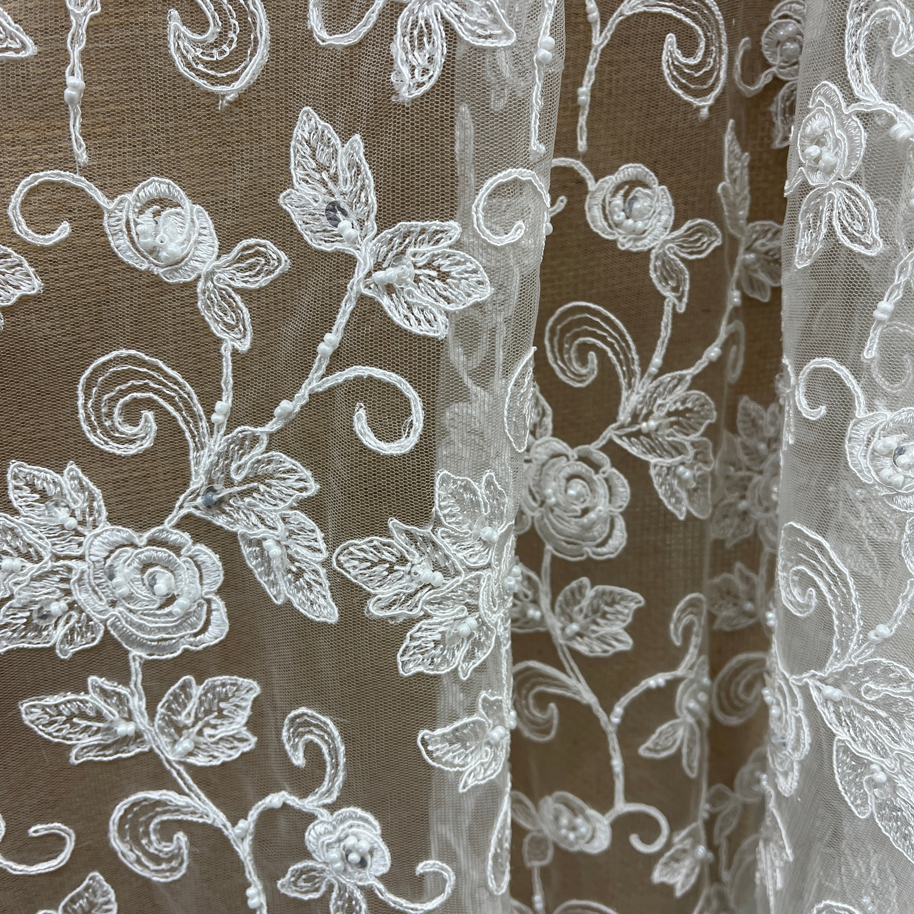 Beaded & Corded Floral  Bridal Lace Fabric  | Lace USA - 95042W-BP