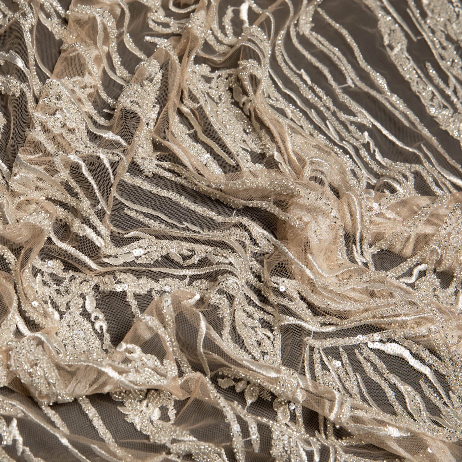 Champagne P/SOFT TULLE LACE FABRIC COM EMBROIDERED AND SEQUINED WITH BEAUTIFUL ELEGANT DESIGN 52" WIDE | Exquisite Fabric