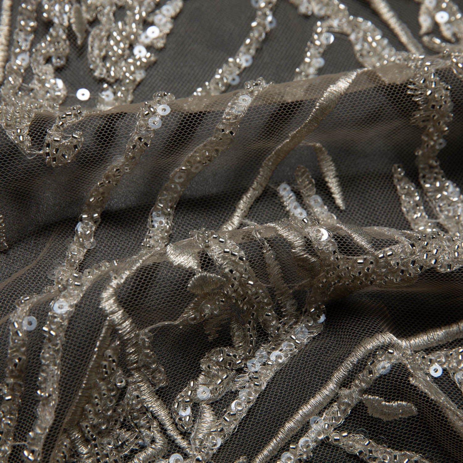 Champagne P/SOFT TULLE LACE FABRIC COM EMBROIDERED AND SEQUINED WITH BEAUTIFUL ELEGANT DESIGN 52" WIDE | Exquisite Fabric