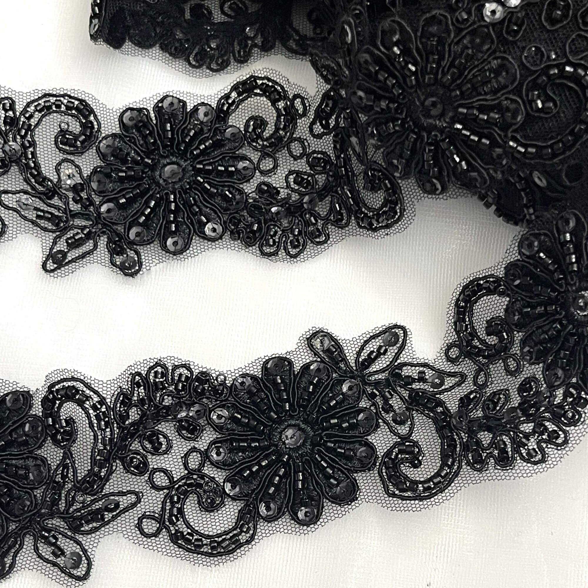 Beaded & Corded Lace Trimming Embroidered on 100% Polyester Net Mesh | Lace USA - 96275W-BP
