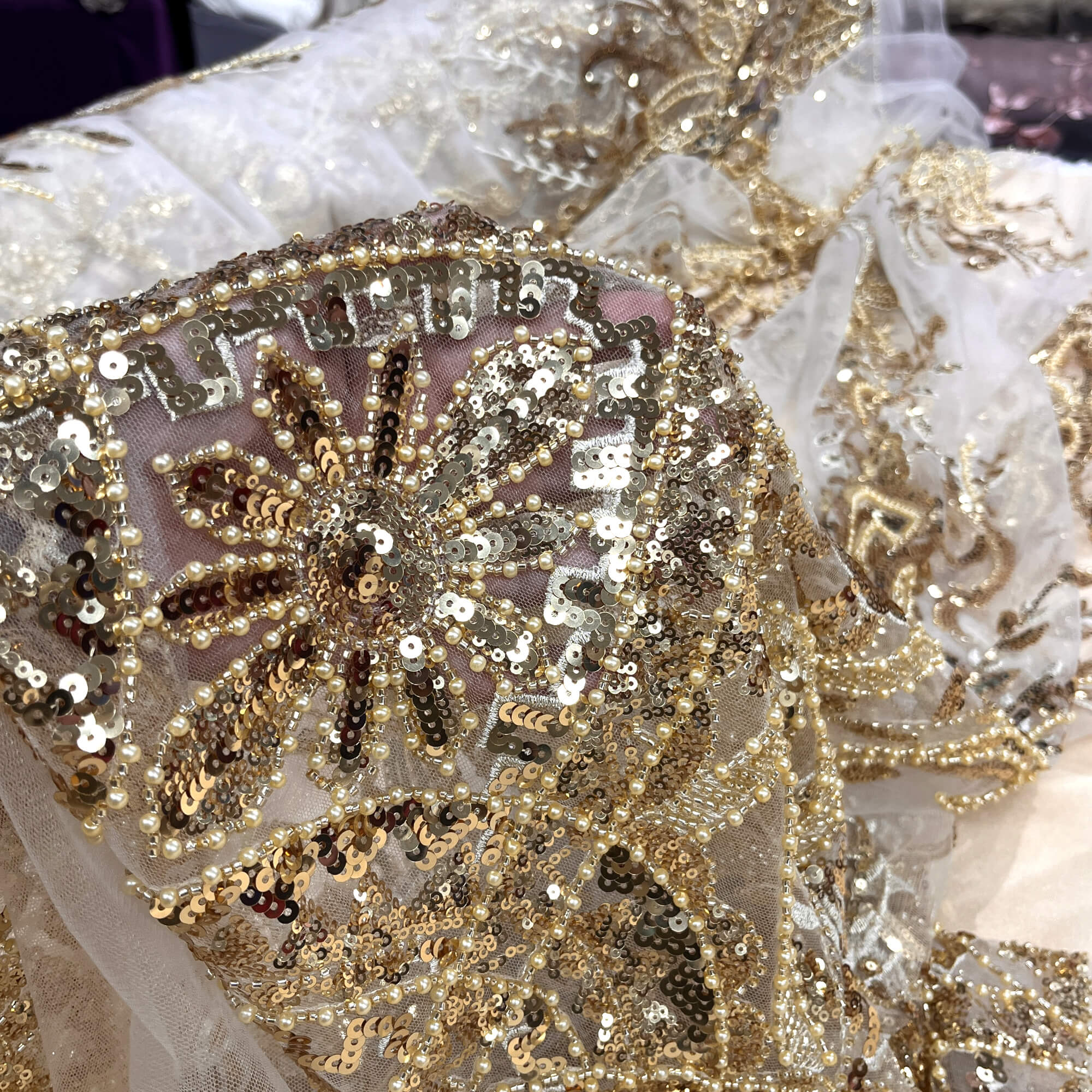 Beaded Lace Fabric Embroidered on 100% Polyester Net Mesh | Lace USA - GD-210906