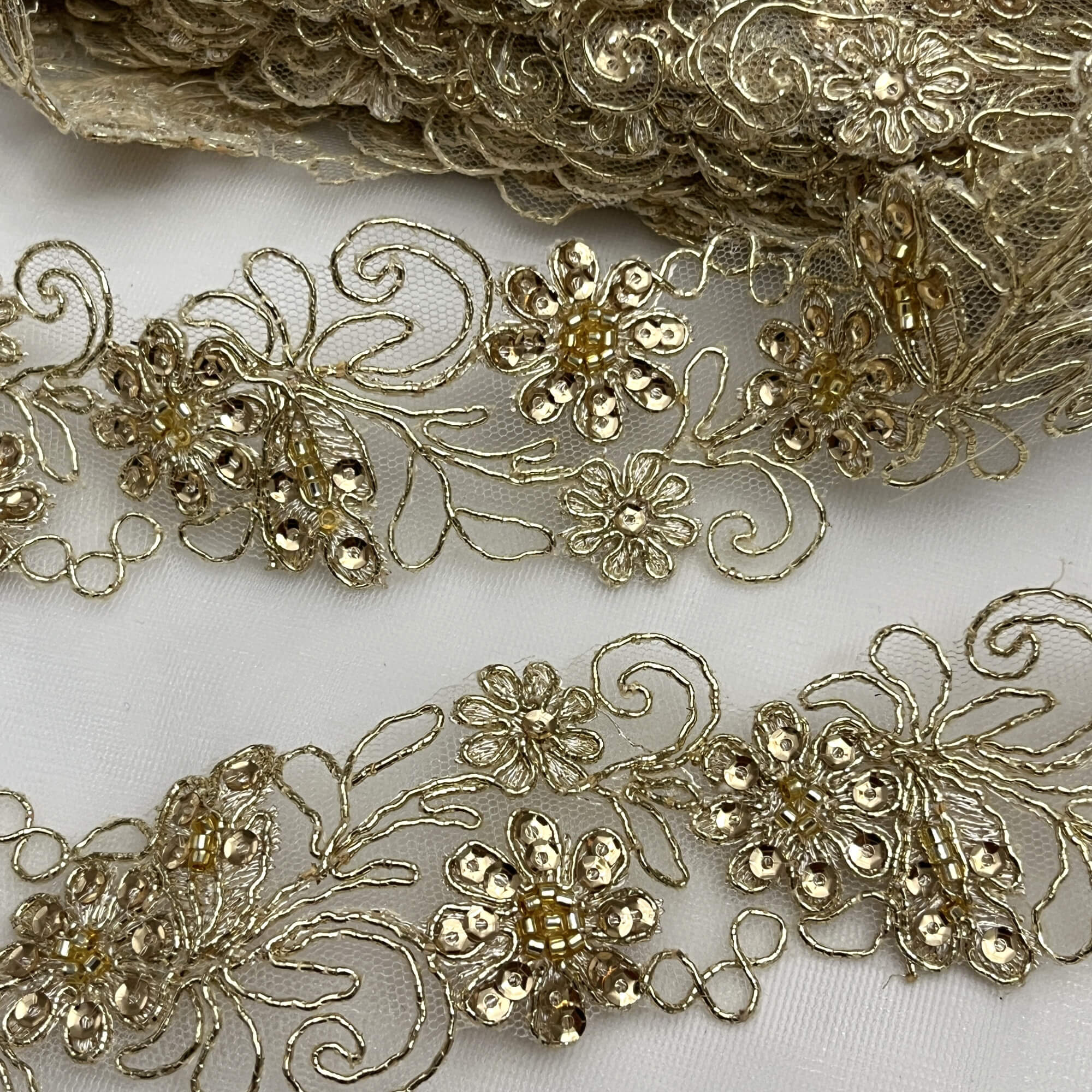 Beaded & Corded Lace Trimming Embroidered on 100% Polyester Net Mesh | Lace USA - 96283W-BP