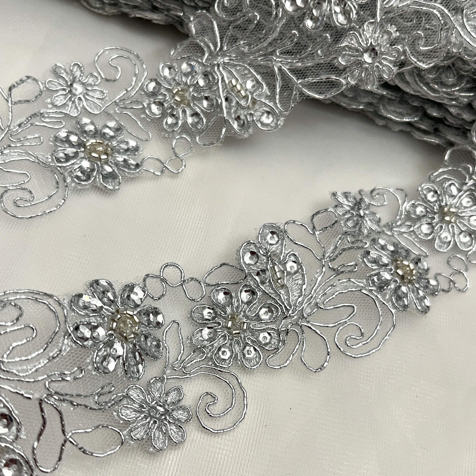 Beaded & Corded Lace Trimming Embroidered on 100% Polyester Net Mesh | Lace USA - 96283W-BP