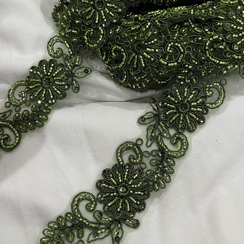 Beaded & Corded Lace Trimming Embroidered on 100% Polyester Net Mesh | Lace USA - 96275W-BP