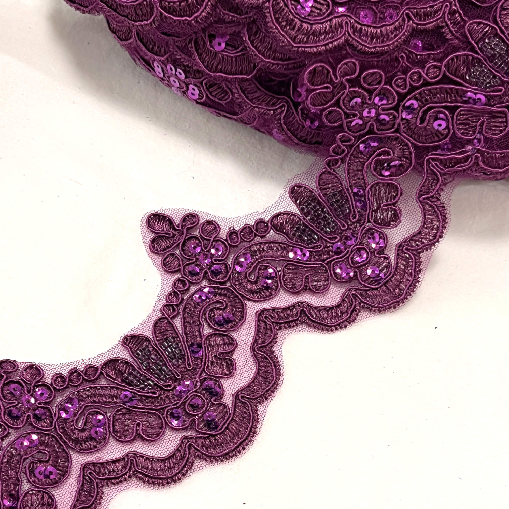 Beaded & Corded Lace Trimming Embroidered on 100% Polyester Net Mesh | Lace USA - KZ-34W-HB