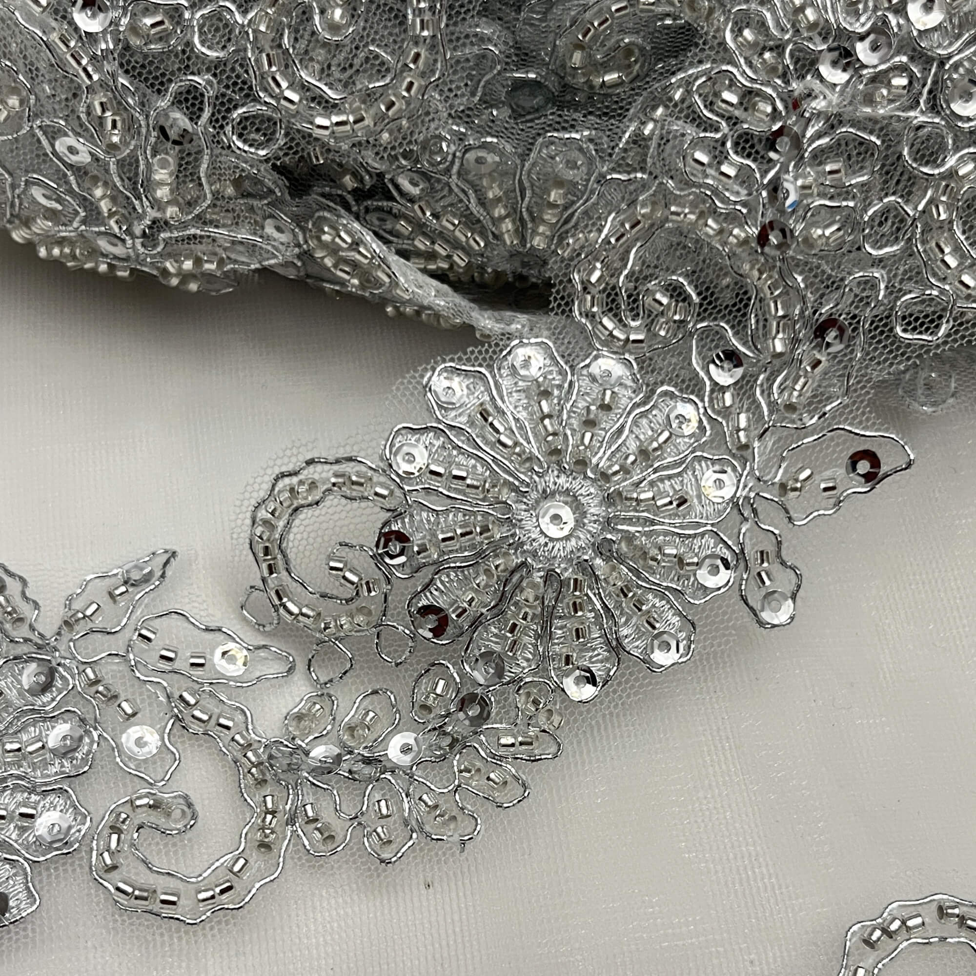 Beaded & Corded Lace Trimming Embroidered on 100% Polyester Net Mesh | Lace USA - 96275W-BP