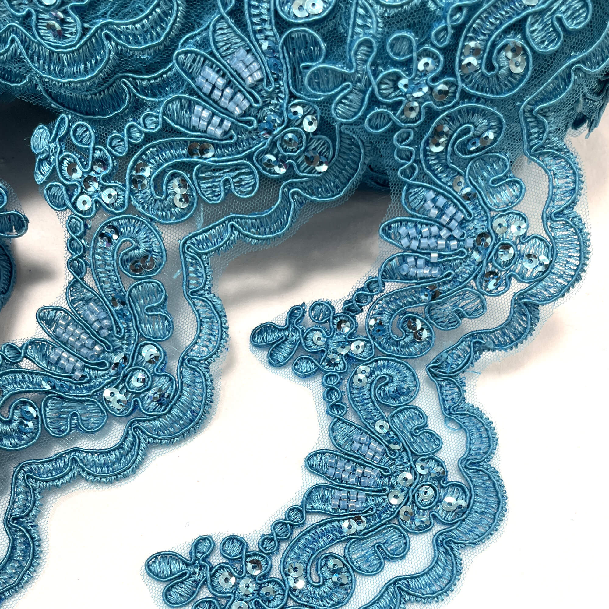 Beaded & Corded Lace Trimming Embroidered on 100% Polyester Net Mesh | Lace USA - KZ-34W-HB