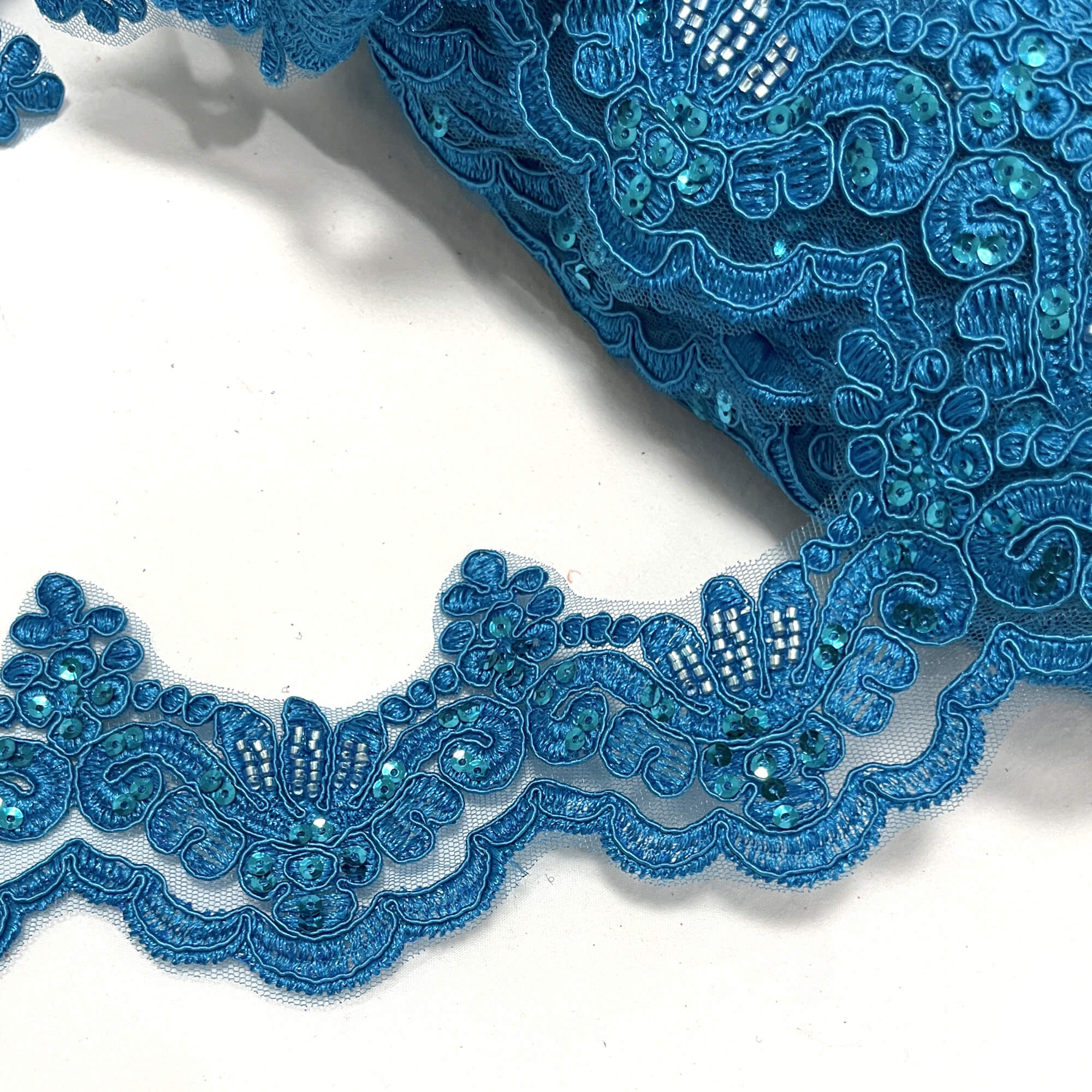 Beaded & Corded Lace Trimming Embroidered on 100% Polyester Net Mesh | Lace USA - KZ-34W-HB