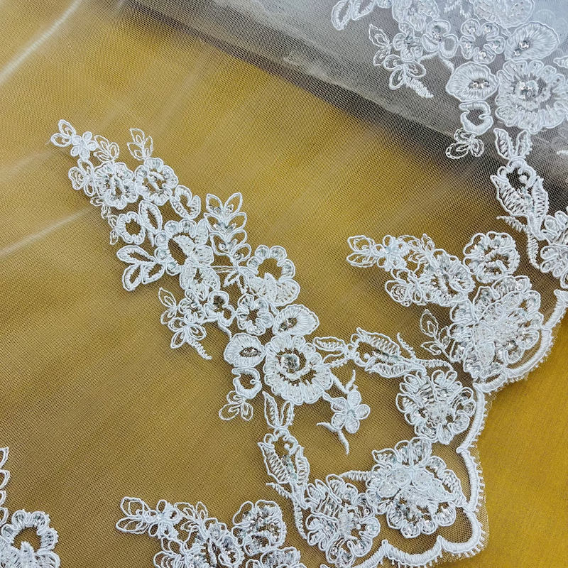 Beaded & Corded Floral Bridal Lace Fabric with Scalloped Border on Net Mesh | Lace USA - 91443W-HB