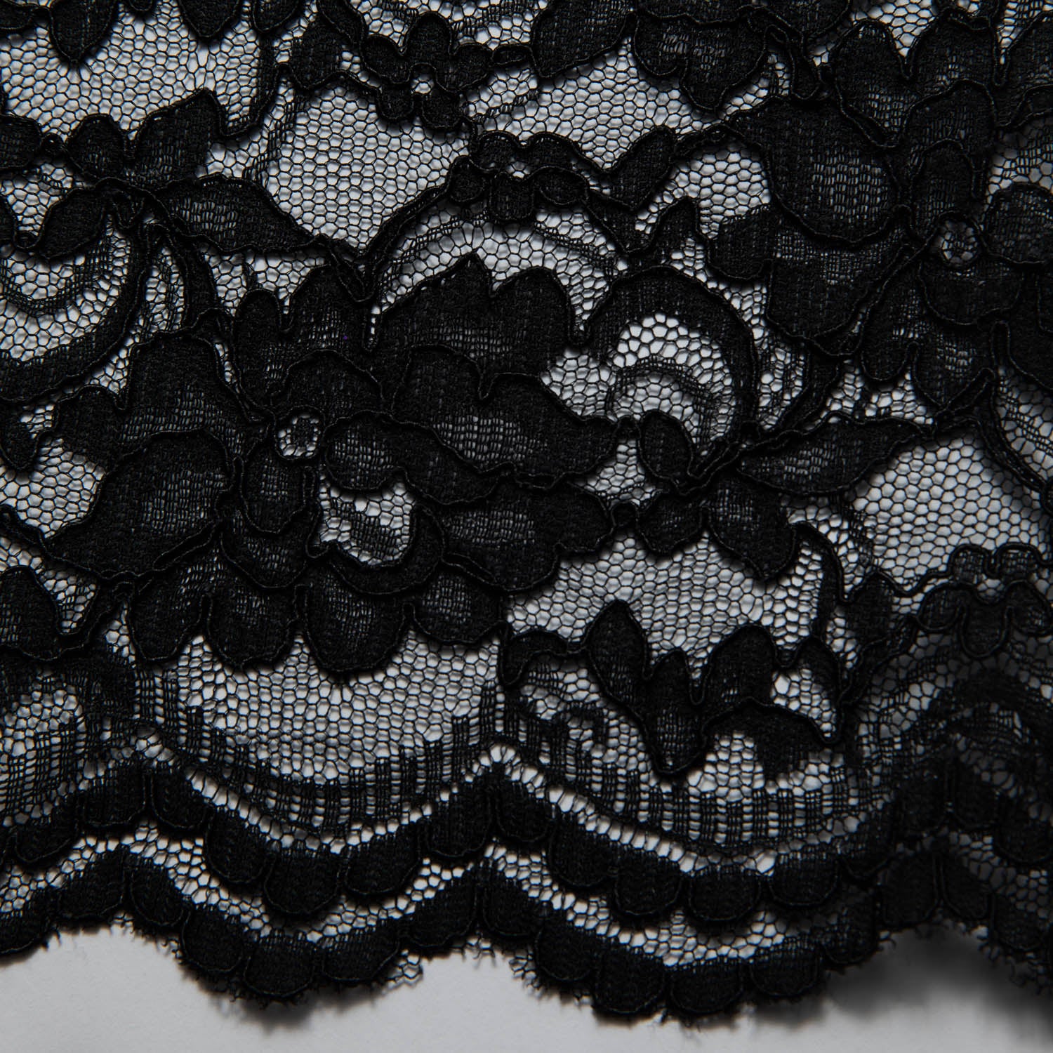 BLACK CORDED RASCHEL LACE FABRIC WITH ELEGANT FLORAL PATTERN 55% NYLON 45% COTTON  52/54" WIDE | Exquisite Fabric