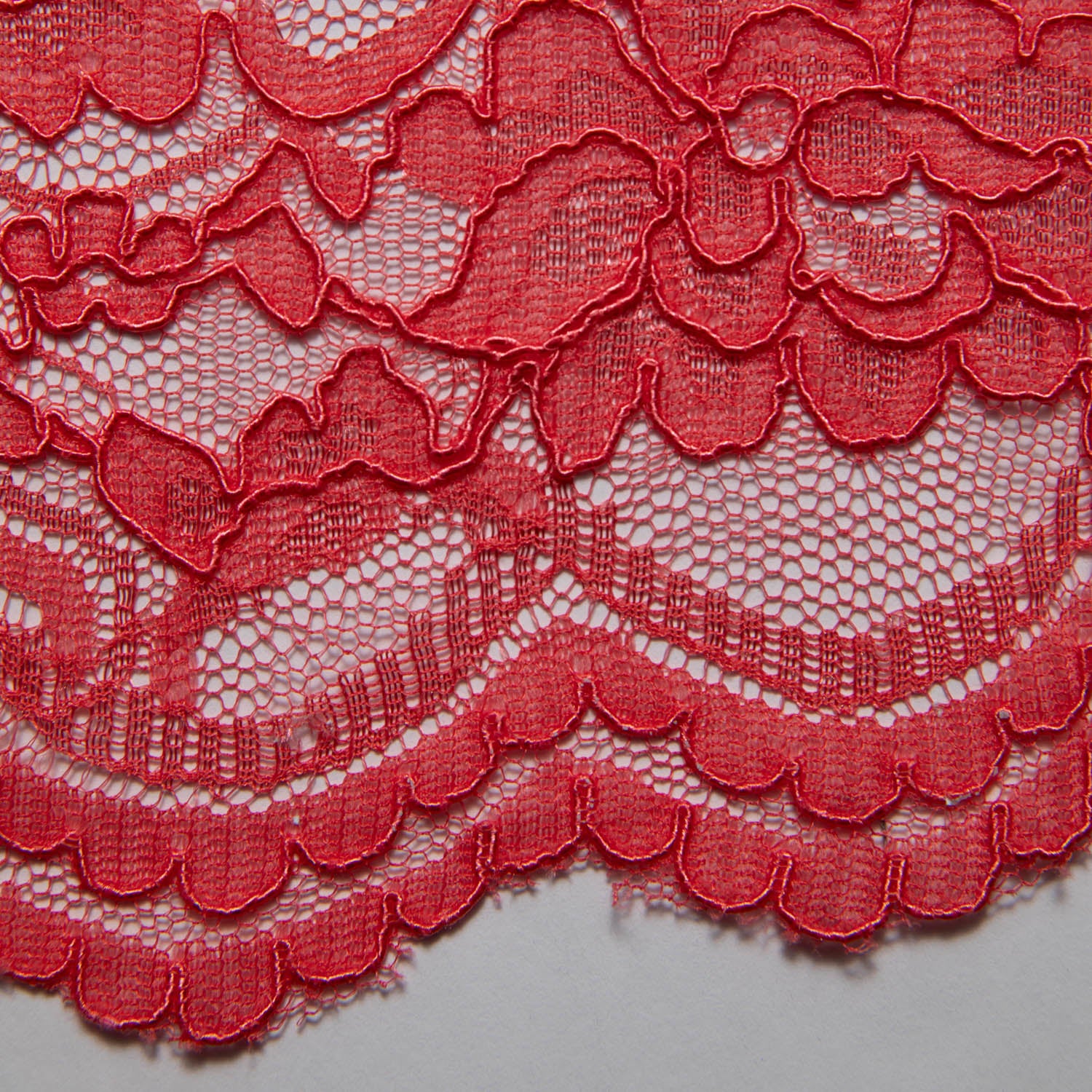 DARK CORAL CORDED RASCHEL LACE FABRIC WITH ELEGANT FLORAL PATTERN 55% NYLON 45% COTTON  52/54" WIDE | Exquisite Fabric