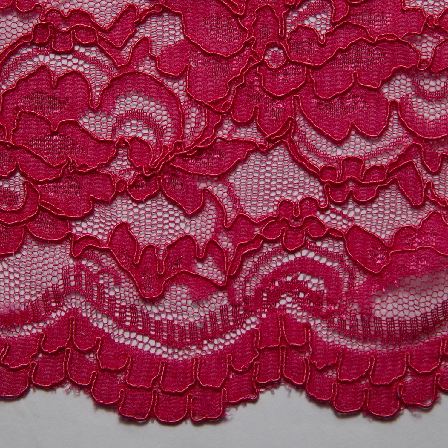 FUCHSIA CORDED RASCHEL LACE FABRIC WITH ELEGANT FLORAL PATTERN 55% NYLON 45% COTTON  52/54" WIDE | Exquisite Fabric
