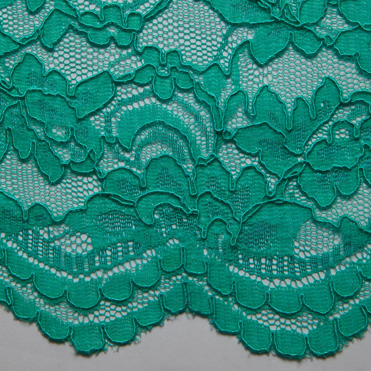 GREEN CORDED RASCHEL LACE FABRIC WITH ELEGANT FLORAL PATTERN 55% NYLON 45% COTTON  52/54" WIDE | Exquisite Fabric