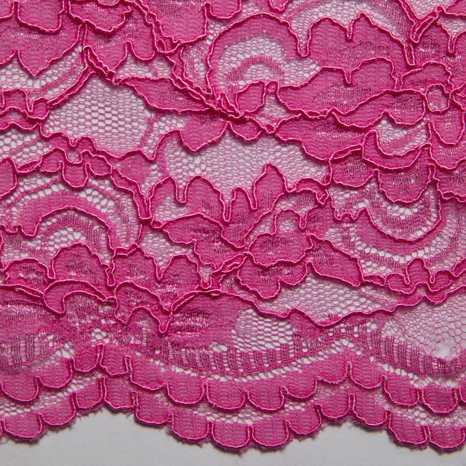 HOT PINK CORDED RASCHEL LACE FABRIC WITH ELEGANT FLORAL PATTERN 55% NYLON 45% COTTON  52/54" WIDE | Exquisite Fabric