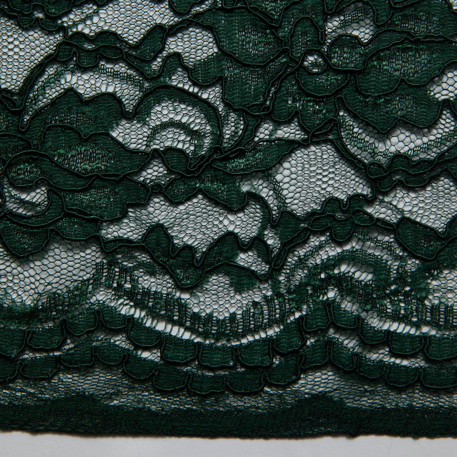 HUNTER GREEN CORDED RASCHEL LACE FABRIC WITH ELEGANT FLORAL PATTERN 55% NYLON 45% COTTON  52/54" WIDE | Exquisite Fabric