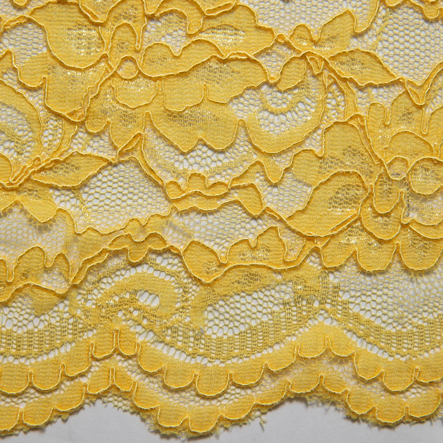 YELLOW CORDED RASCHEL LACE FABRIC WITH ELEGANT FLORAL PATTERN 55% NYLON 45% COTTON  52/54" WIDE | Exquisite Fabric