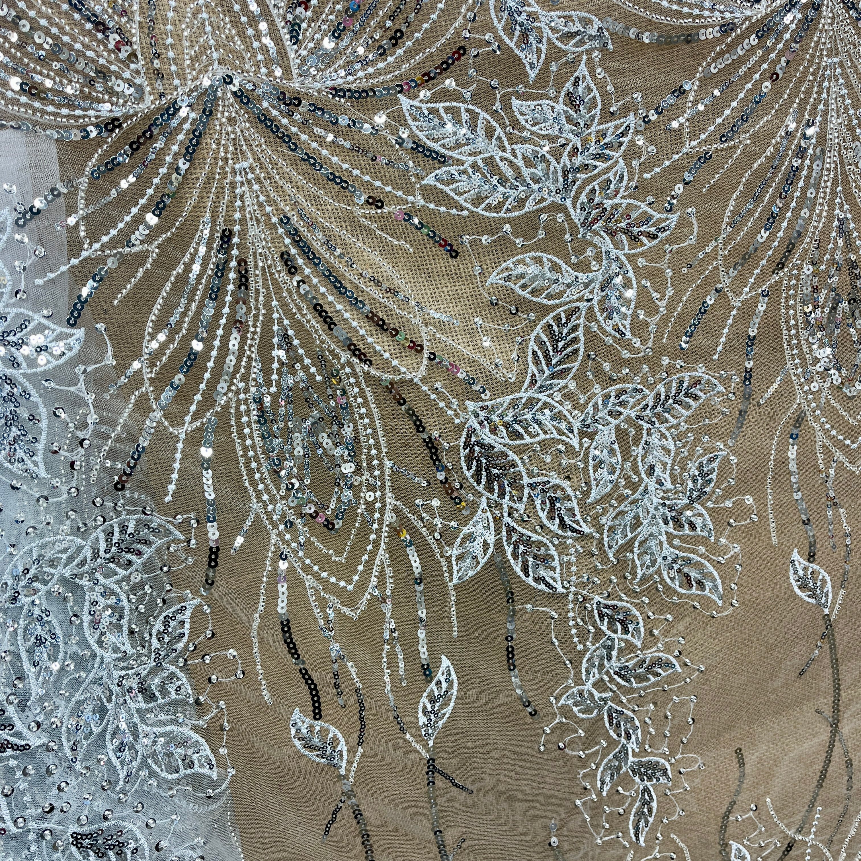 Beaded & Sequined Lace Fabric – Leaf & Vine Design | Lace USA - GD-2918