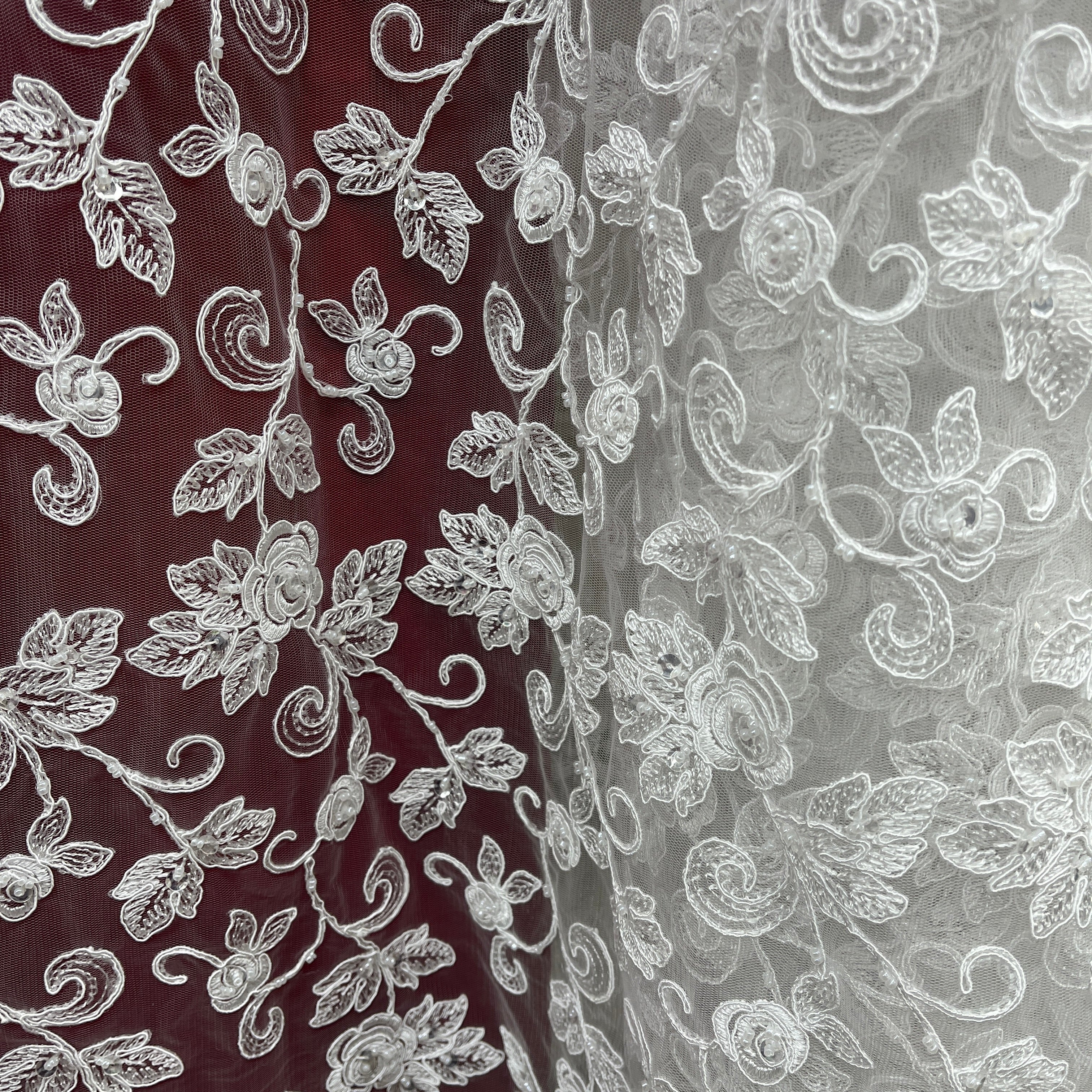 Beaded & Corded Floral  Bridal Lace Fabric  | Lace USA - 95042W-BP