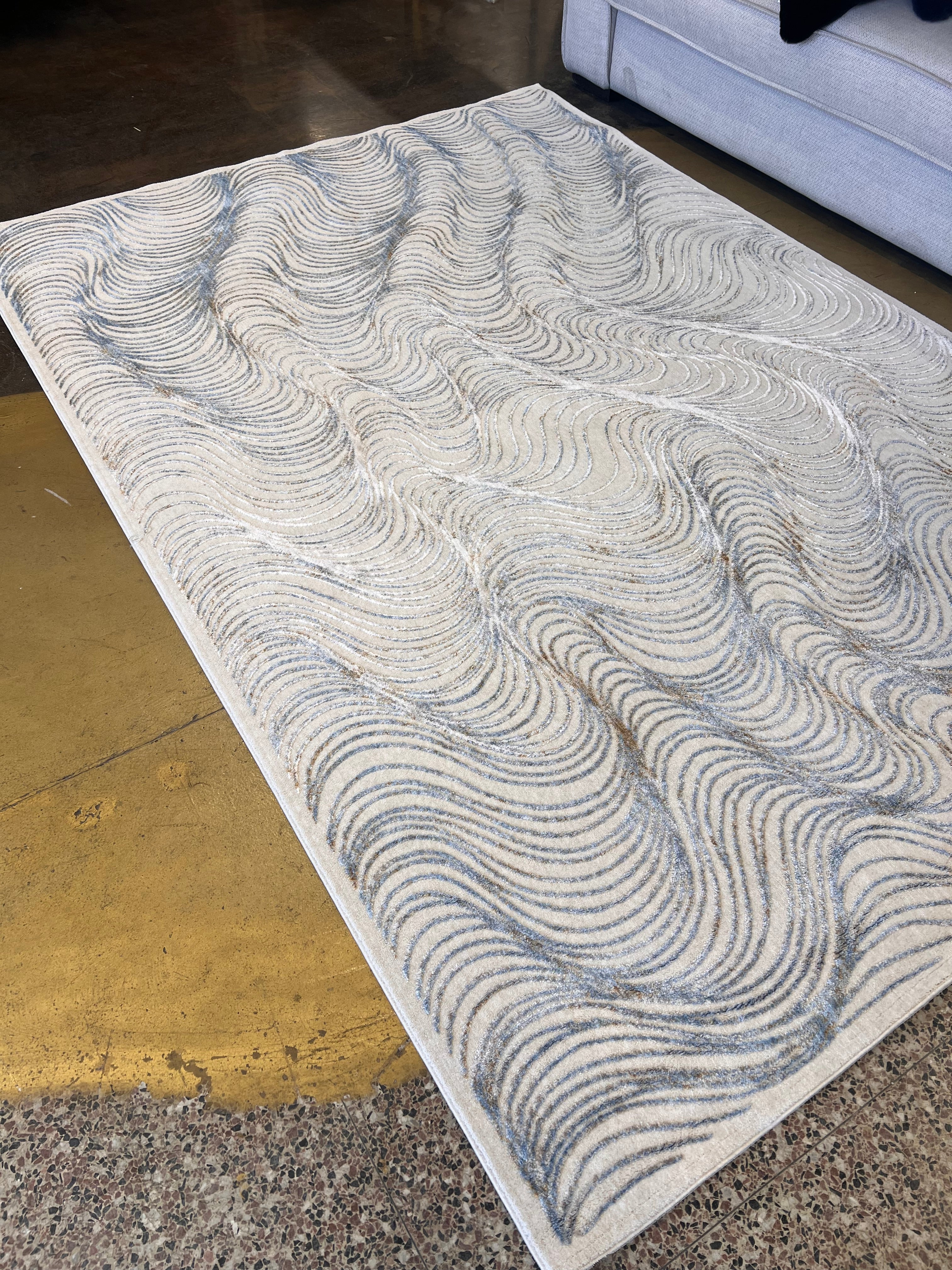 Modern Cream Rug with Blue, Gold-Brown & Silver Viscose Swirl Accents - KAI 304