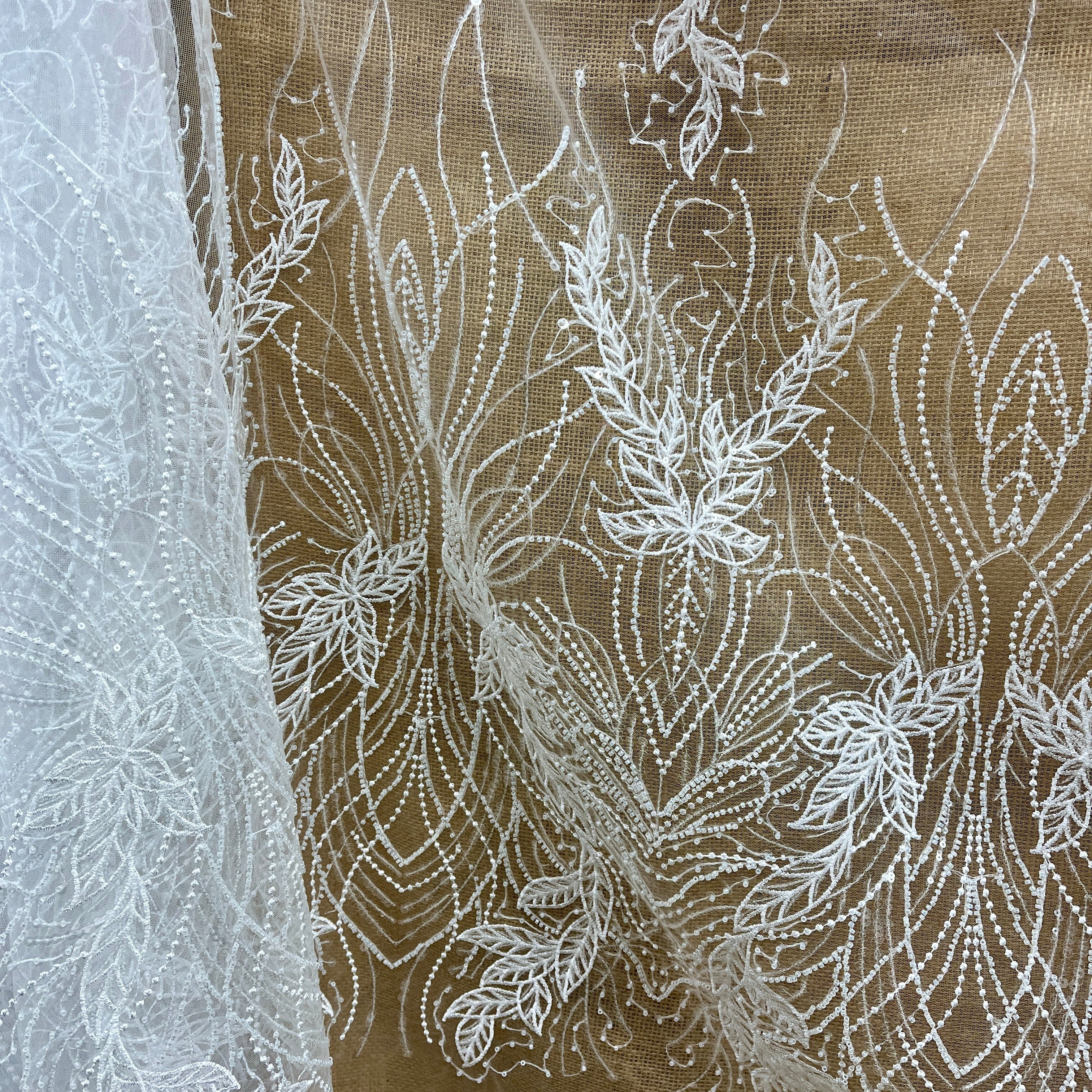 Beaded & Sequined Lace Fabric – Leaf & Vine Design | Lace USA - GD-2918