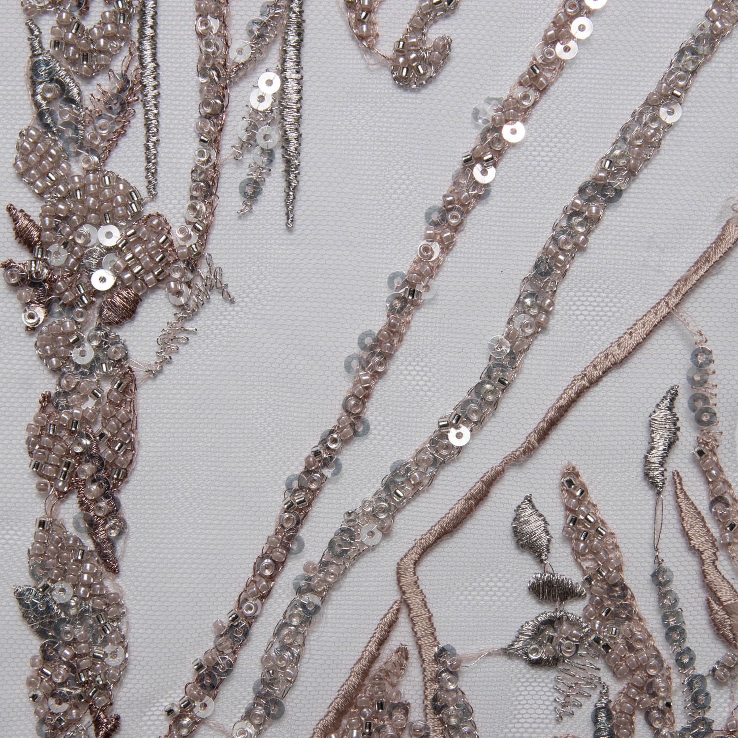 DUSTY ROSE P/SOFT TULLE LACE FABRIC COM EMBROIDERED AND SEQUINED WITH BEAUTIFUL ELEGANT DESIGN 52" WIDE | Exquisite Fabric