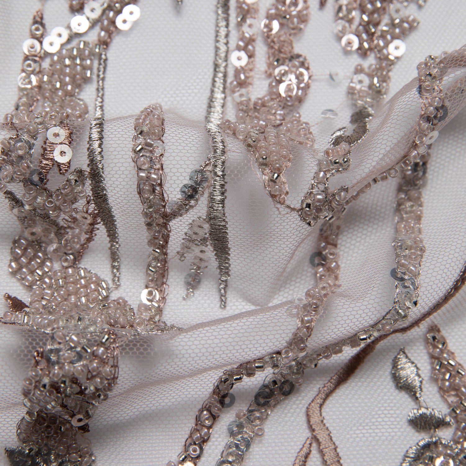 DUSTY ROSE P/SOFT TULLE LACE FABRIC COM EMBROIDERED AND SEQUINED WITH BEAUTIFUL ELEGANT DESIGN 52" WIDE | Exquisite Fabric