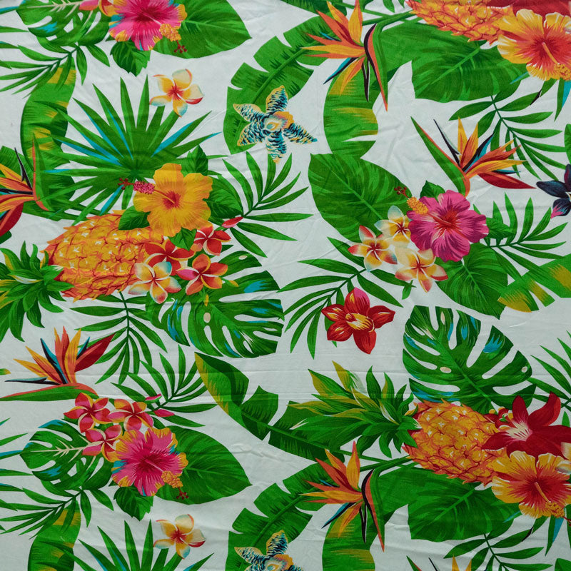 Pineapple/Tropical Flowers & Leaves Fabric | Cotton