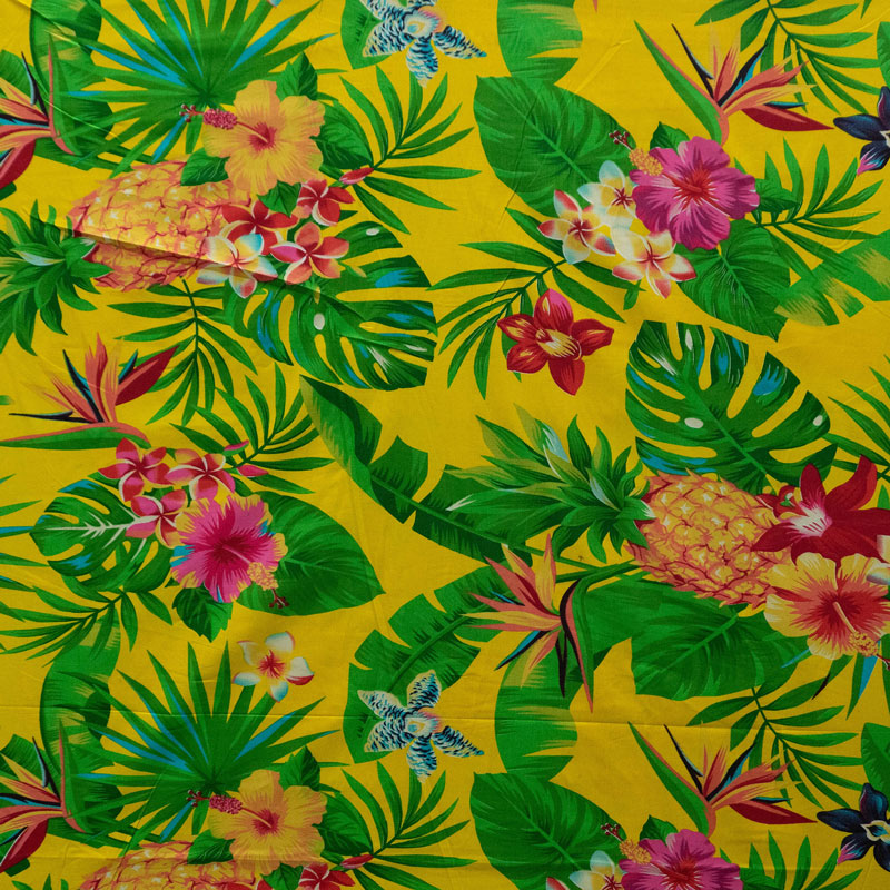 Pineapple/Tropical Flowers & Leaves Fabric | Cotton