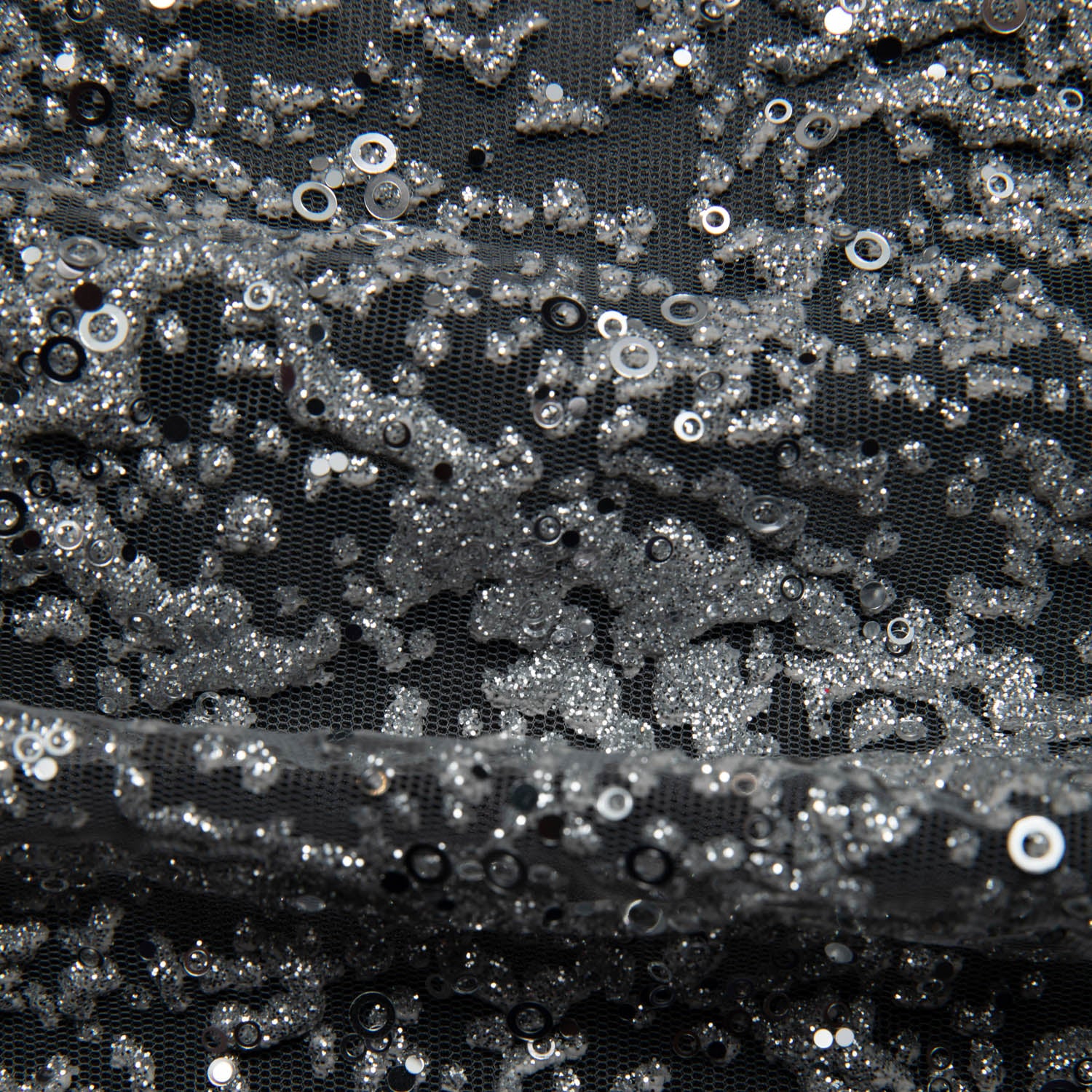 DARK SILVER P/SOFT LACE FABRIC GLITTER 56/58" WIDE | Exquisite Fabric