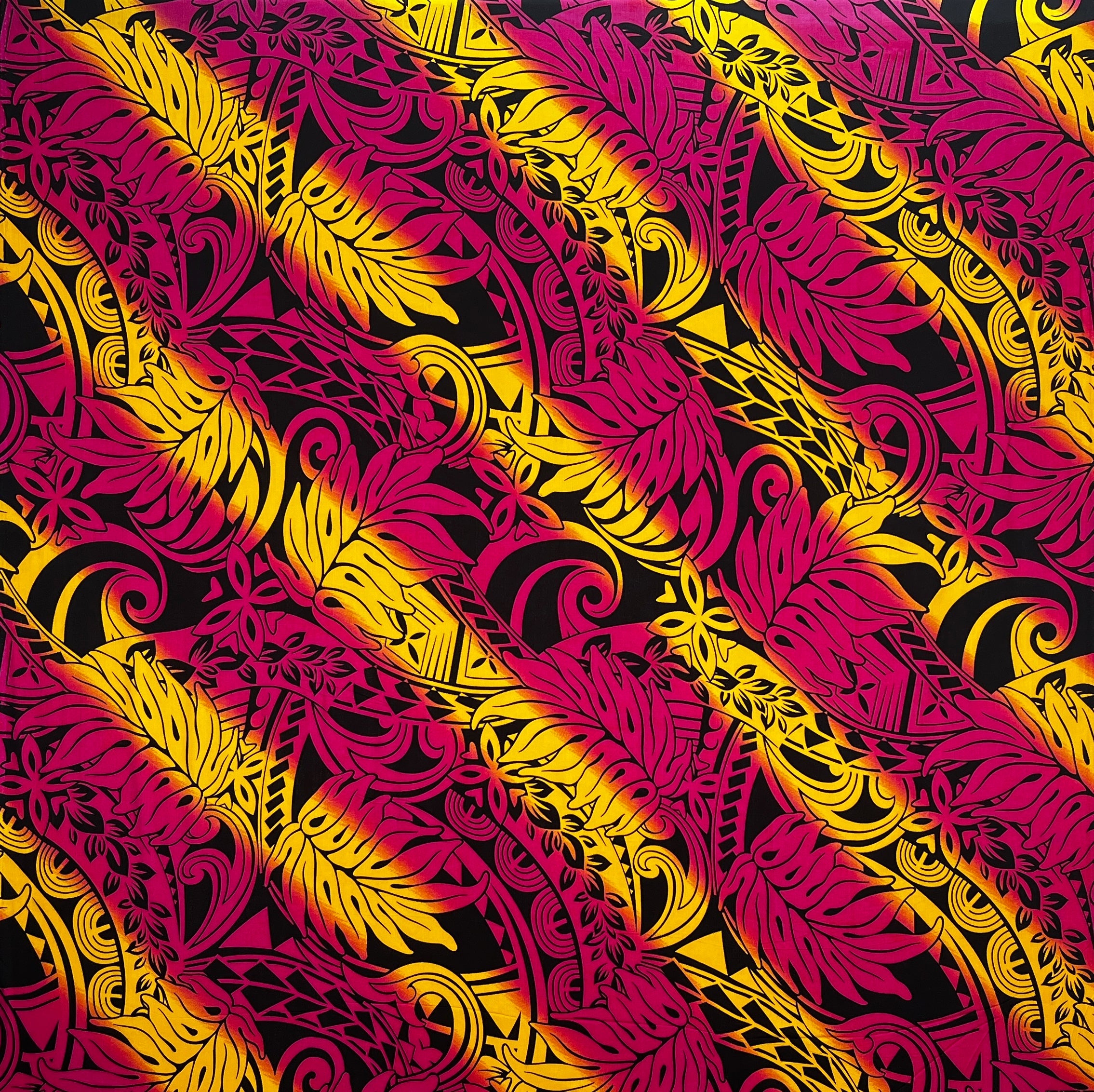 Diagonal Traditional Tattoo Gradient design with Tropical Leaves Rayon Poplin Fabric | Islands Fabric