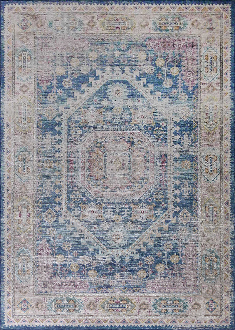 Blue Beige Vintage Faded Distressed Print Style Area Rug/ Carpet
