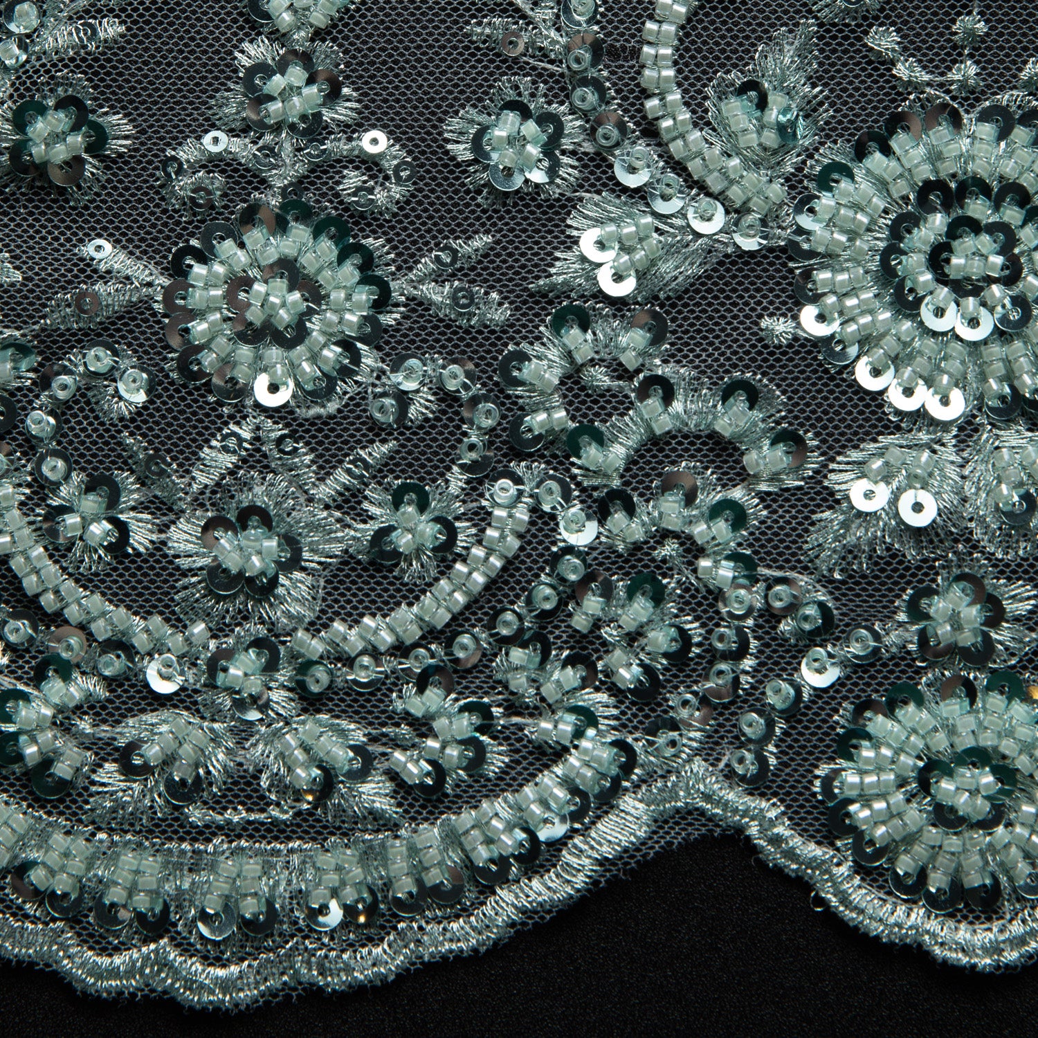 Embroidered Beaded & sequined lace 100% polyester width 50/52" Aqua Floral Sequined Fabric - Exquisite Fabric