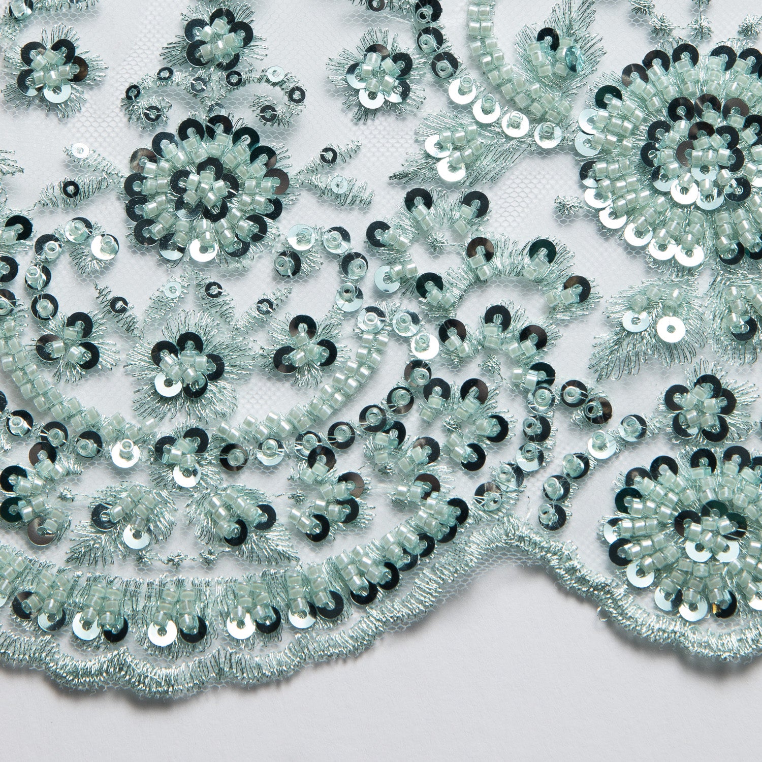 Embroidered Beaded & sequined lace 100% polyester width 50/52" Aqua Floral Sequined Fabric - Exquisite Fabric