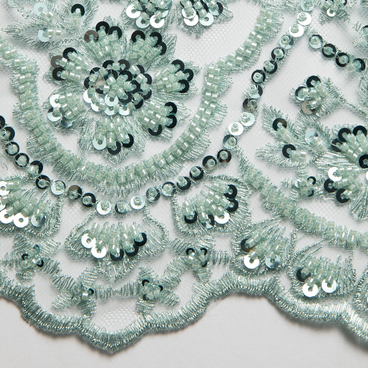 Embroidered Beaded & sequined lace 100% polyester width 50/52" Aqua Floral Sequined Fabric - Exquisite Fabric