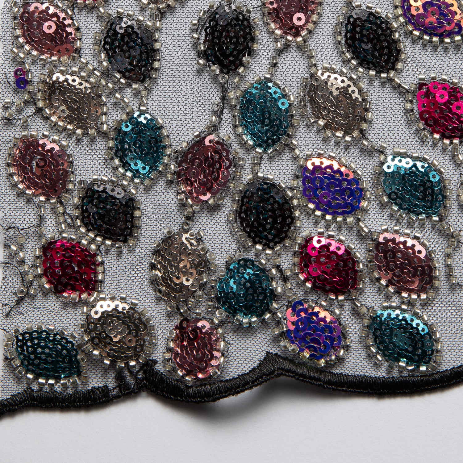 Embroidered Beaded & sequined lace 100% polyester width 50/52" Black Fabric with Colorful Sequins - Exquisite Fabric