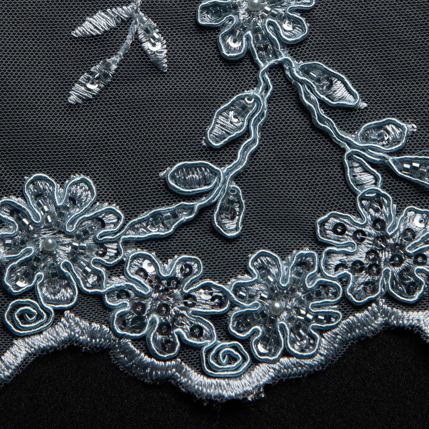 Embroidered Beaded & sequined lace 100% polyester width 50/52" Blue Floral Fabric - Exquisite Fabric