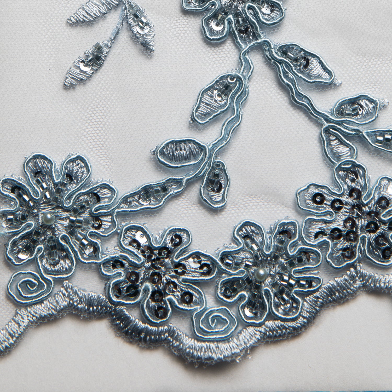 Embroidered Beaded & sequined lace 100% polyester width 50/52" Blue Floral Fabric - Exquisite Fabric