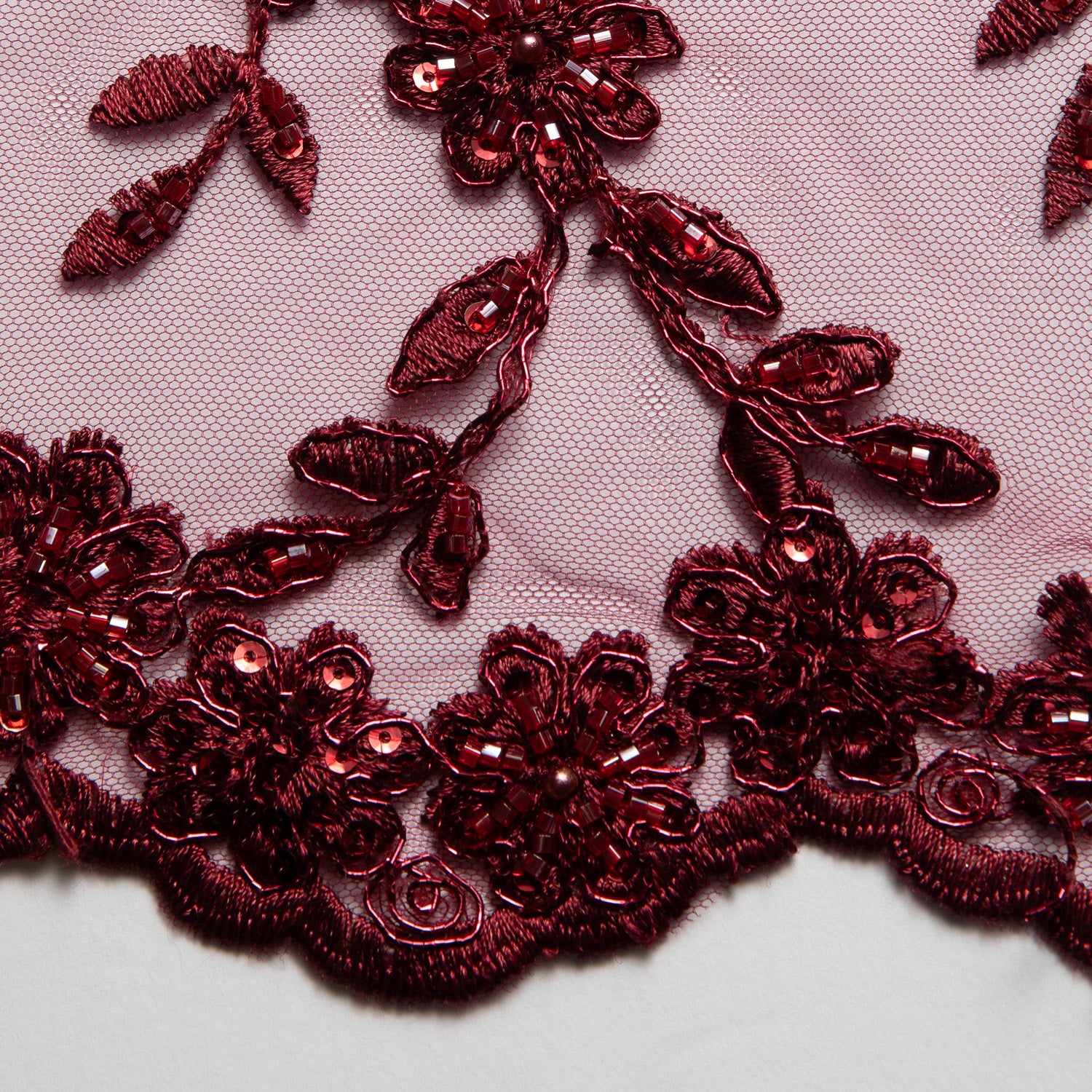 Embroidered Beaded, Sequined Lace Fabric with Genteel Floral Pattern