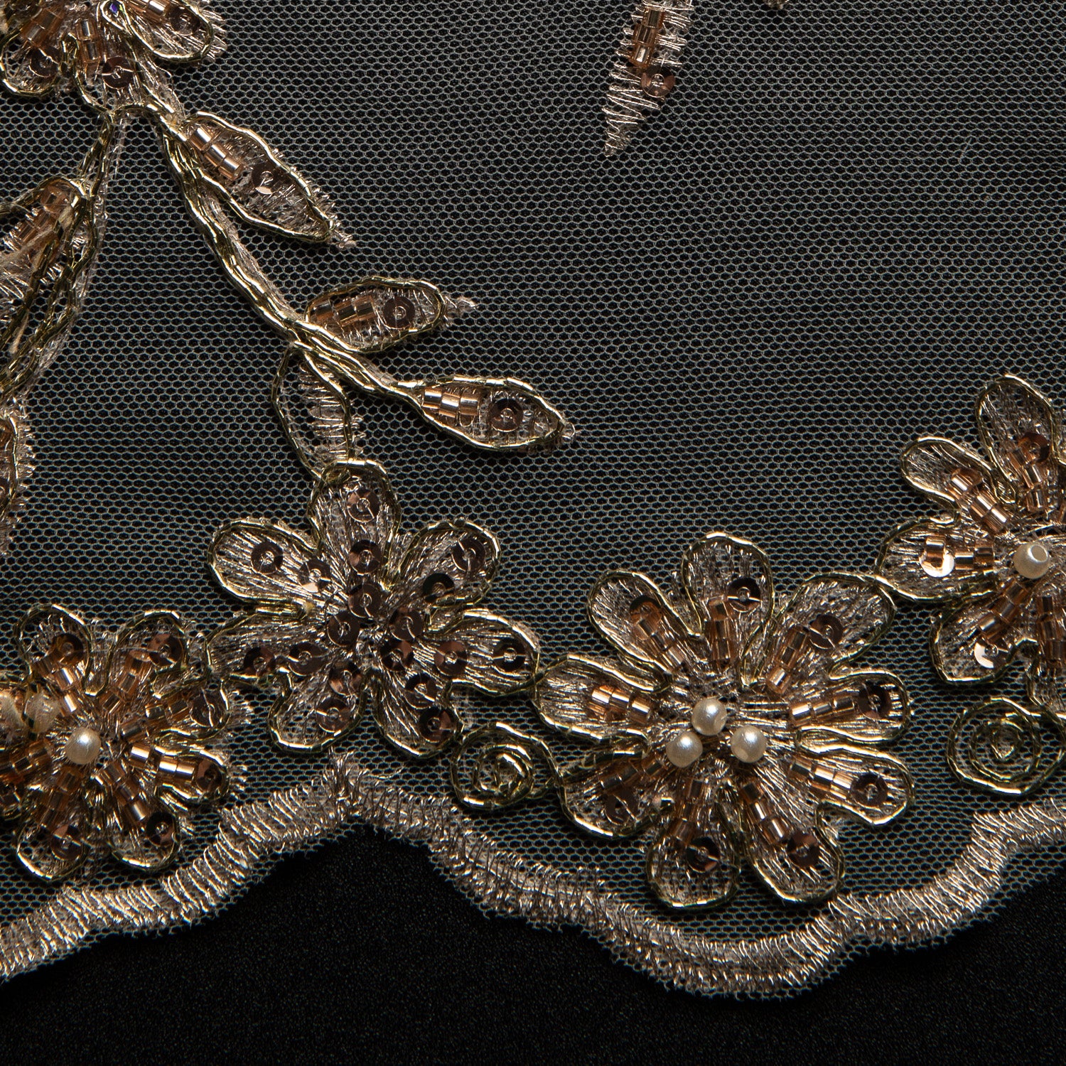 Embroidered Beaded & sequined lace 100% polyester width 50/52" Champagne Floral Fabric - Exquisite Fabric