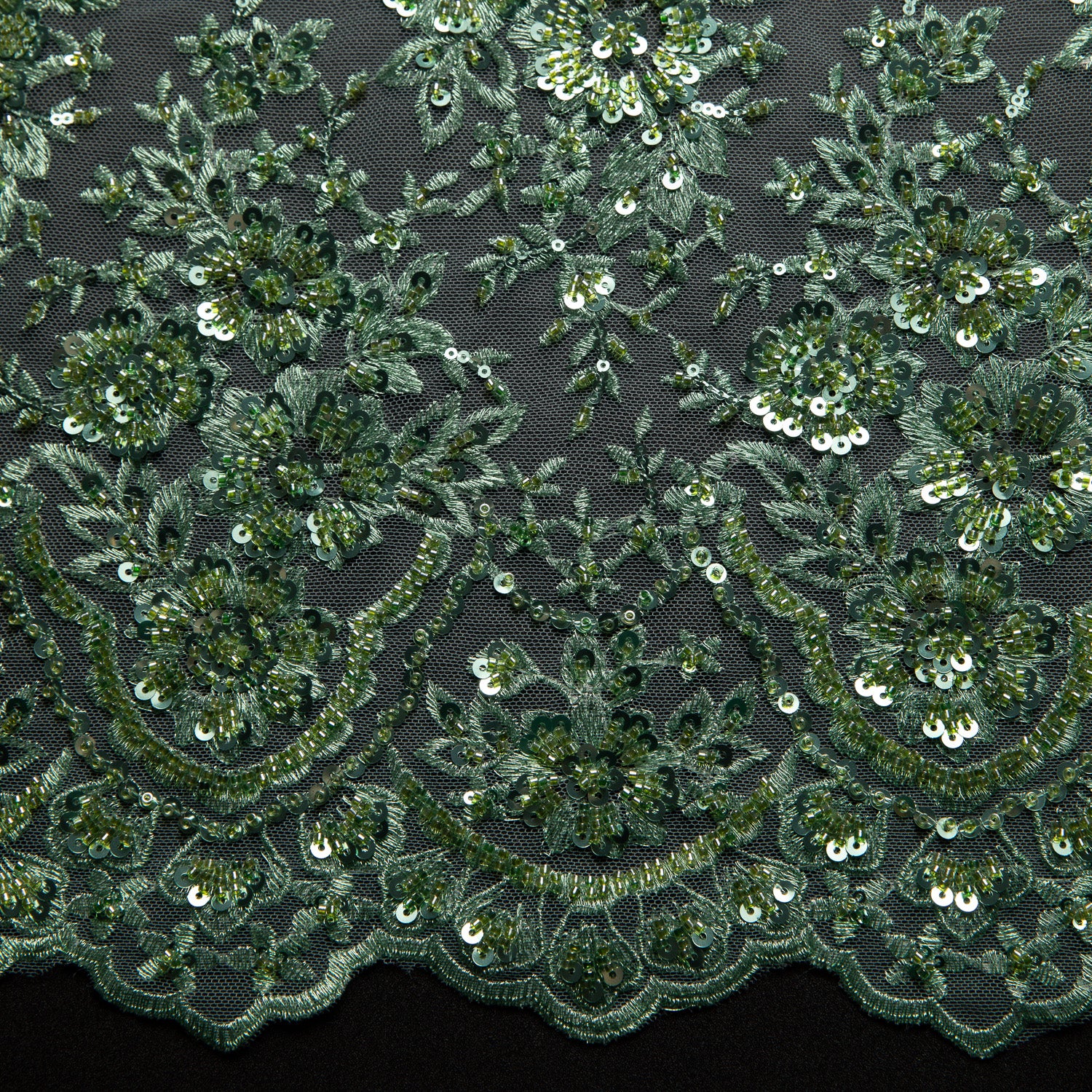 Embroidered Beaded & sequined lace 100% polyester width 50/52" Dark Mint Floral Sequined Fabric - Exquisite Fabric