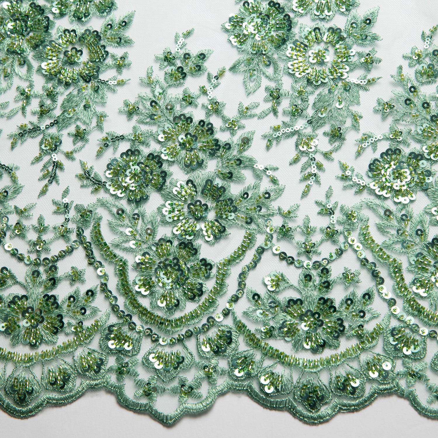 Embroidered Beaded & sequined lace 100% polyester width 50/52" Dark Mint Floral Sequined Fabric - Exquisite Fabric