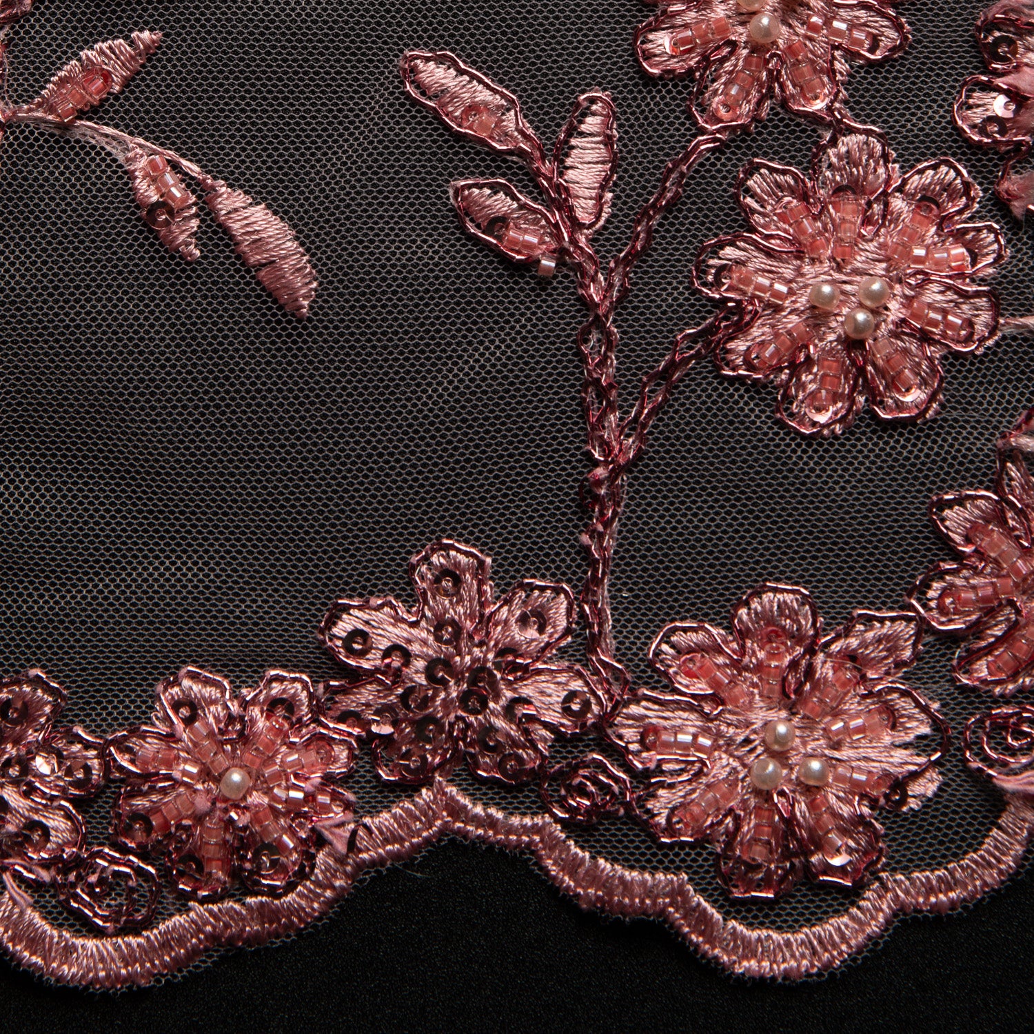 Embroidered Beaded & sequined lace 100% polyester width 50/52" Dusty Rose Floral Fabric - Exquisite Fabric