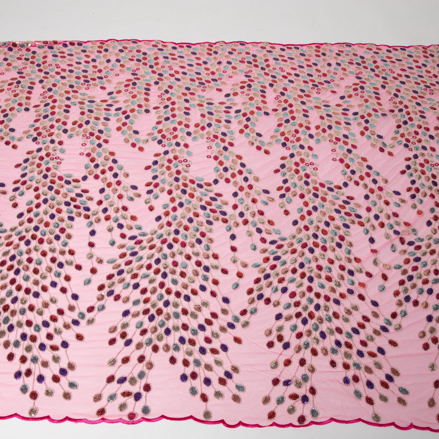 Embroidered Beaded & sequined lace 100% polyester width 50/52" Fuchsia Fabric with Colorful Sequins - Exquisite Fabric