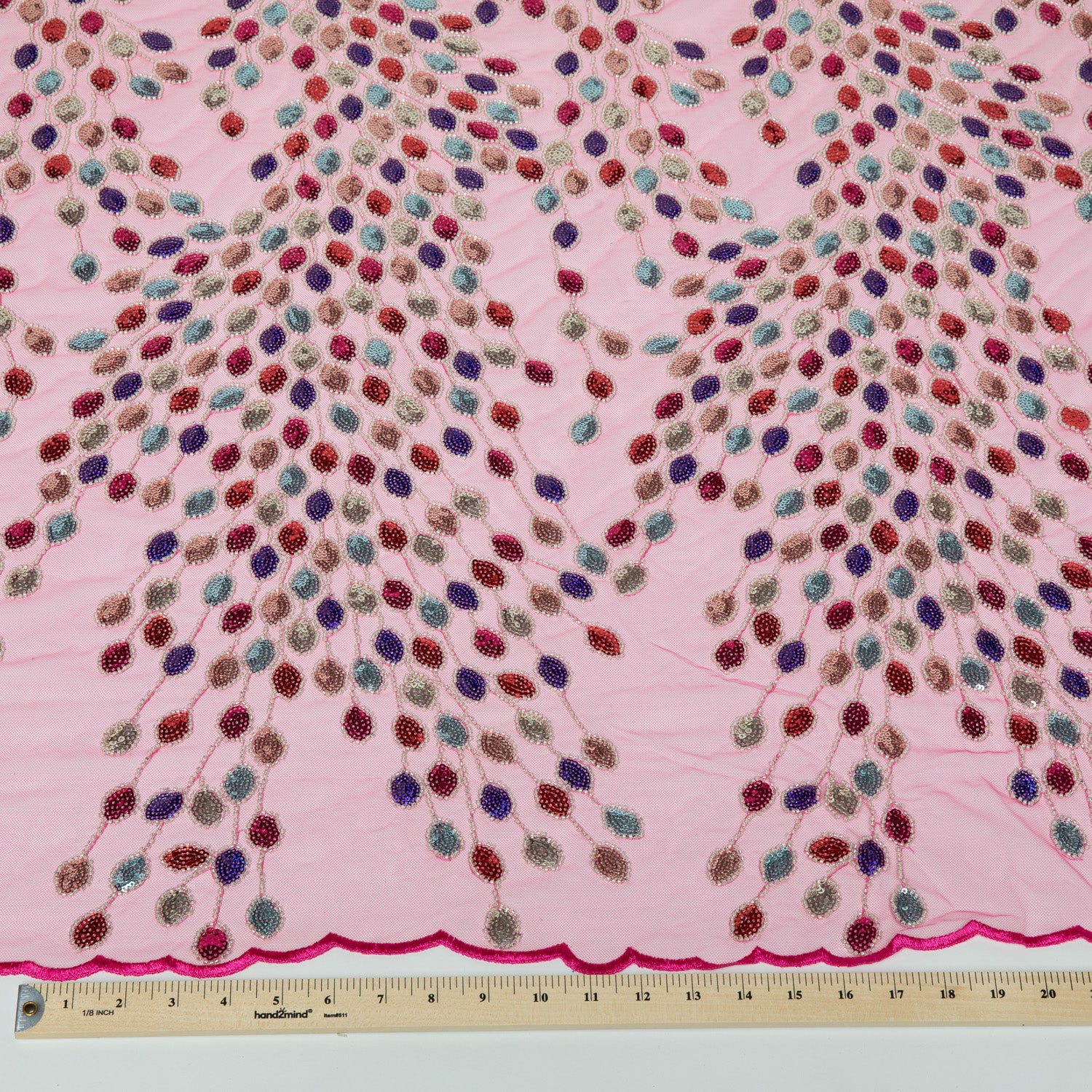 Embroidered Beaded & sequined lace 100% polyester width 50/52" Fuchsia Fabric with Colorful Sequins - Exquisite Fabric