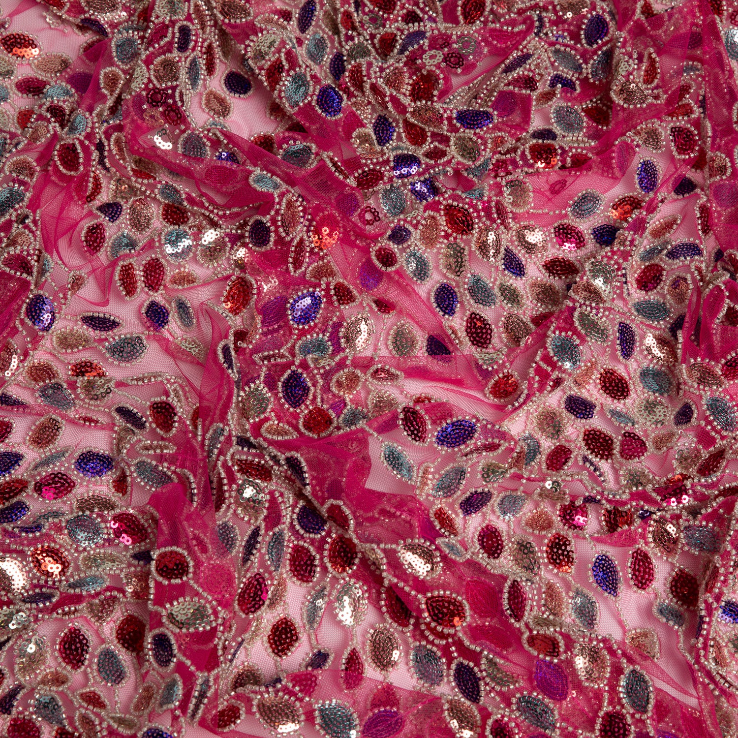 Embroidered Beaded & sequined lace 100% polyester width 50/52" Fuchsia Fabric with Colorful Sequins - Exquisite Fabric