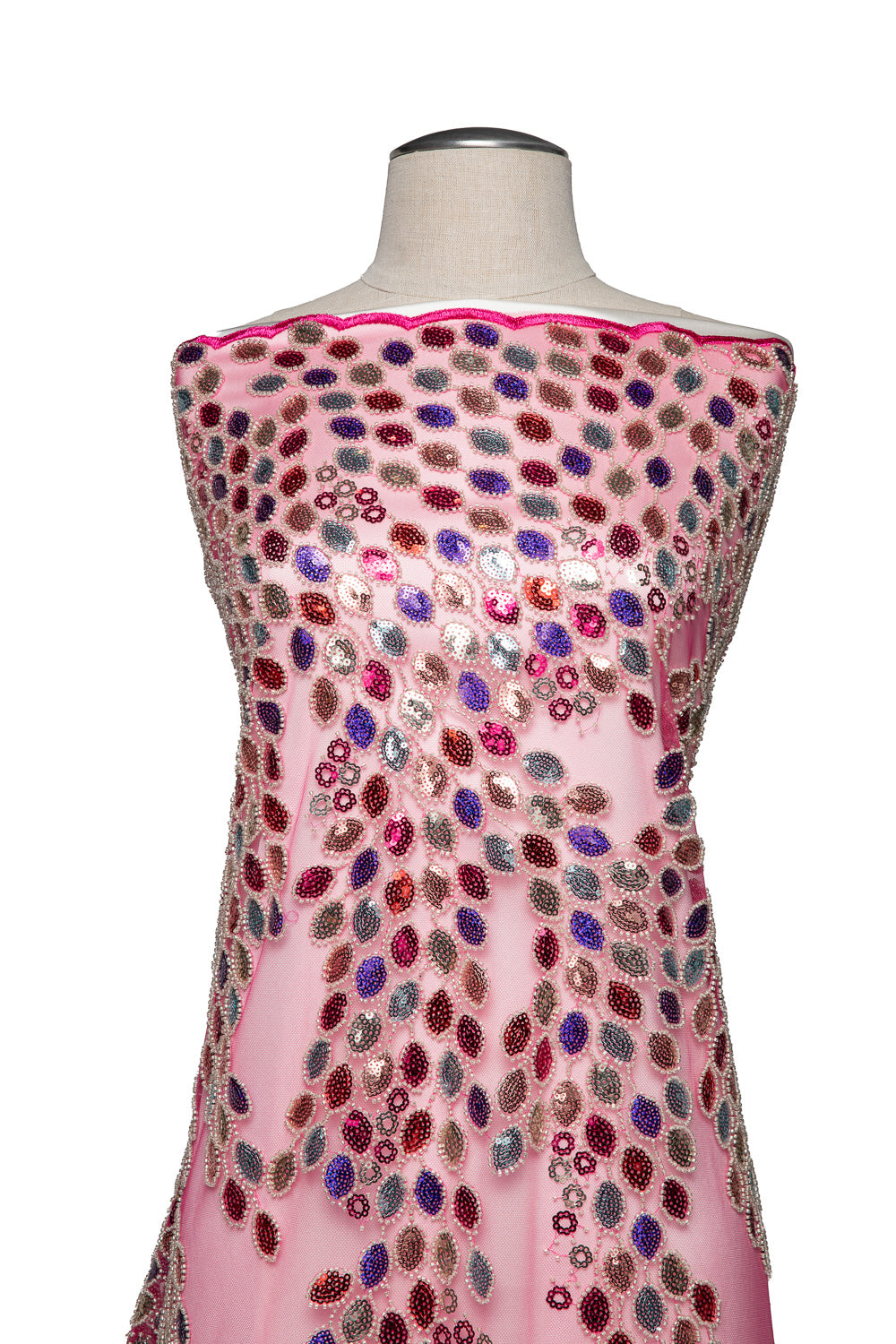 Embroidered Beaded & sequined lace 100% polyester width 50/52" Fuchsia Fabric with Colorful Sequins - Exquisite Fabric