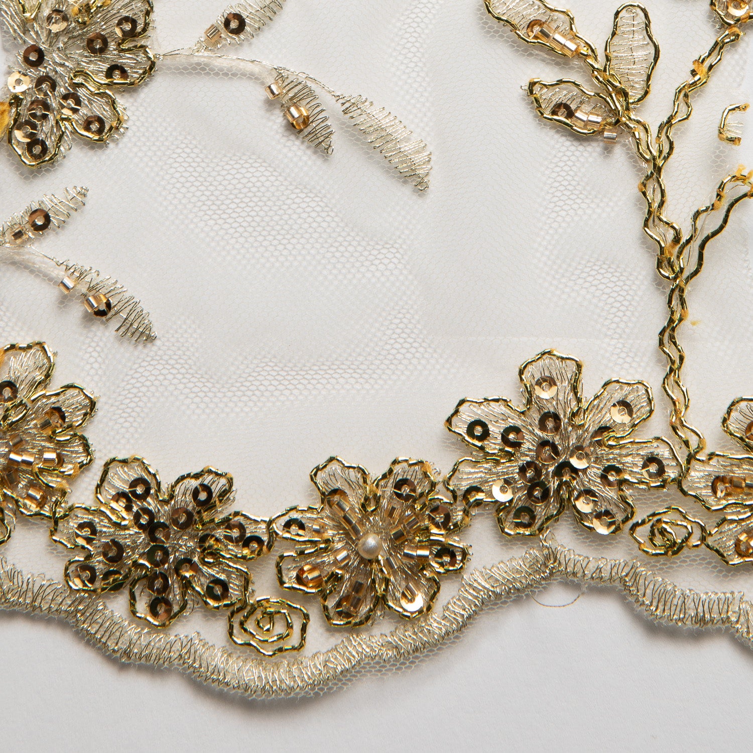 Embroidered Beaded & sequined lace 100% polyester width 50/52" Gold Floral Fabric - Exquisite Fabric
